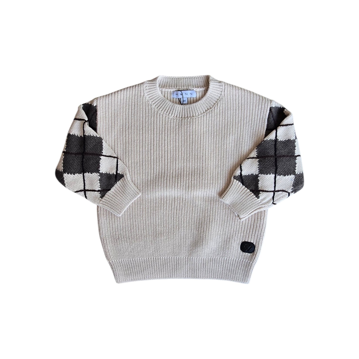 Mann Cream And Brown Argyle Sleeves Sweater