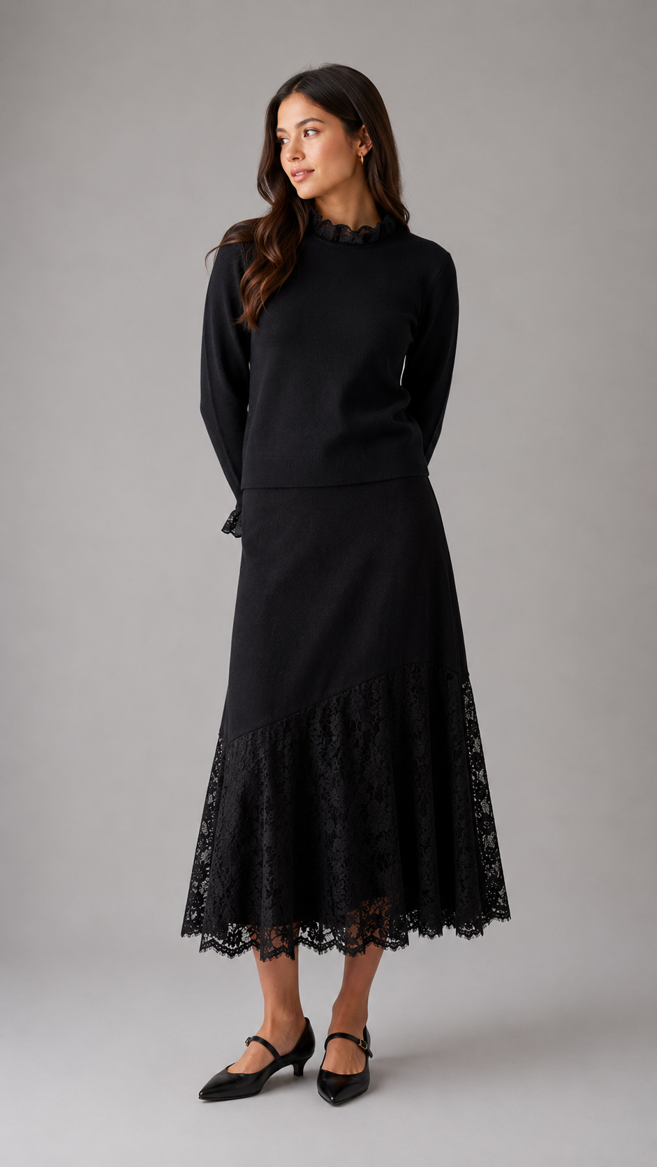 Hev And Bloom Black Lace Neck Knit Top