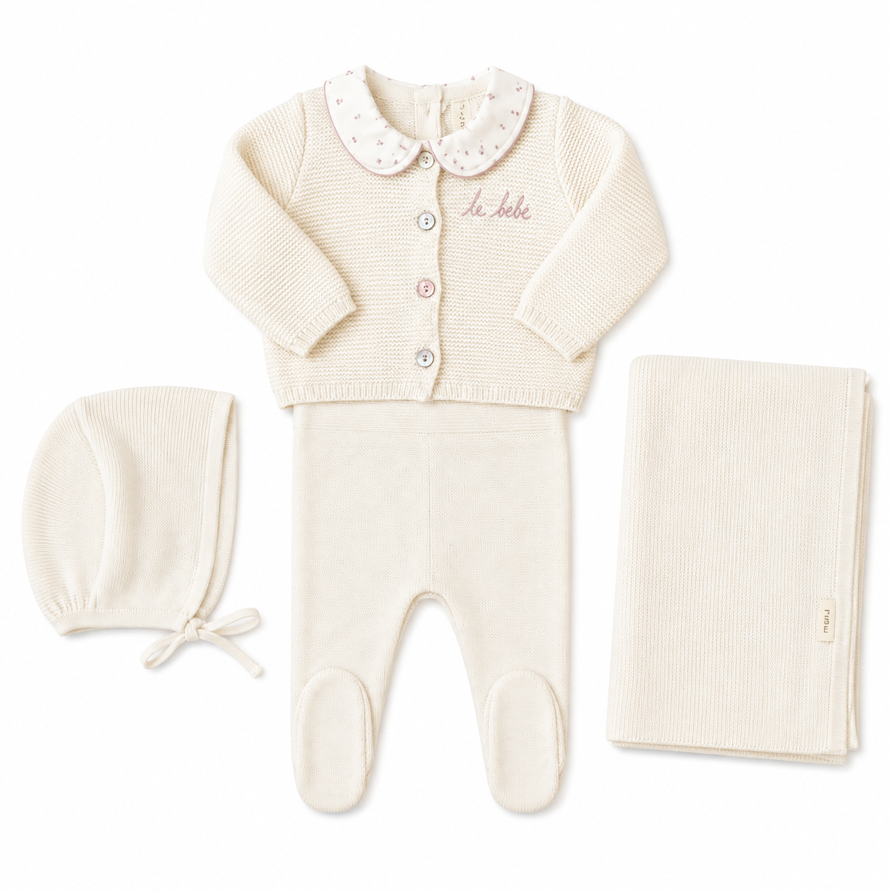Lilette Lilette Cream Pink Embroidered Knit Collar Footie Set