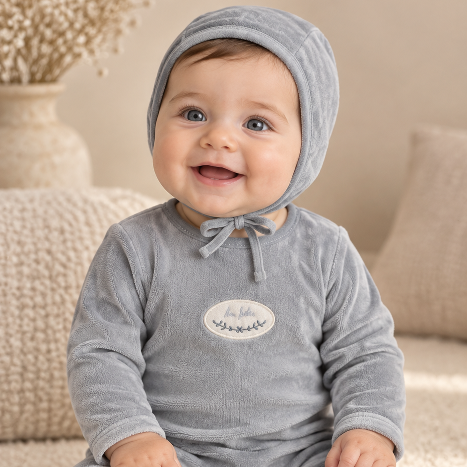 Lilette Dusty Blue Velour Patch Footie + Hat