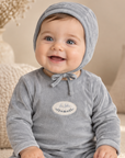 Lilette Dusty Blue Velour Patch Footie + Hat