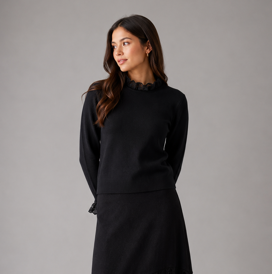 Hev And Bloom Black Lace Neck Knit Top