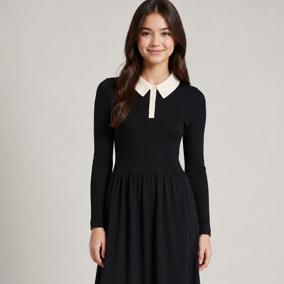 Froo Style Black Knit Collar Teen Maxi