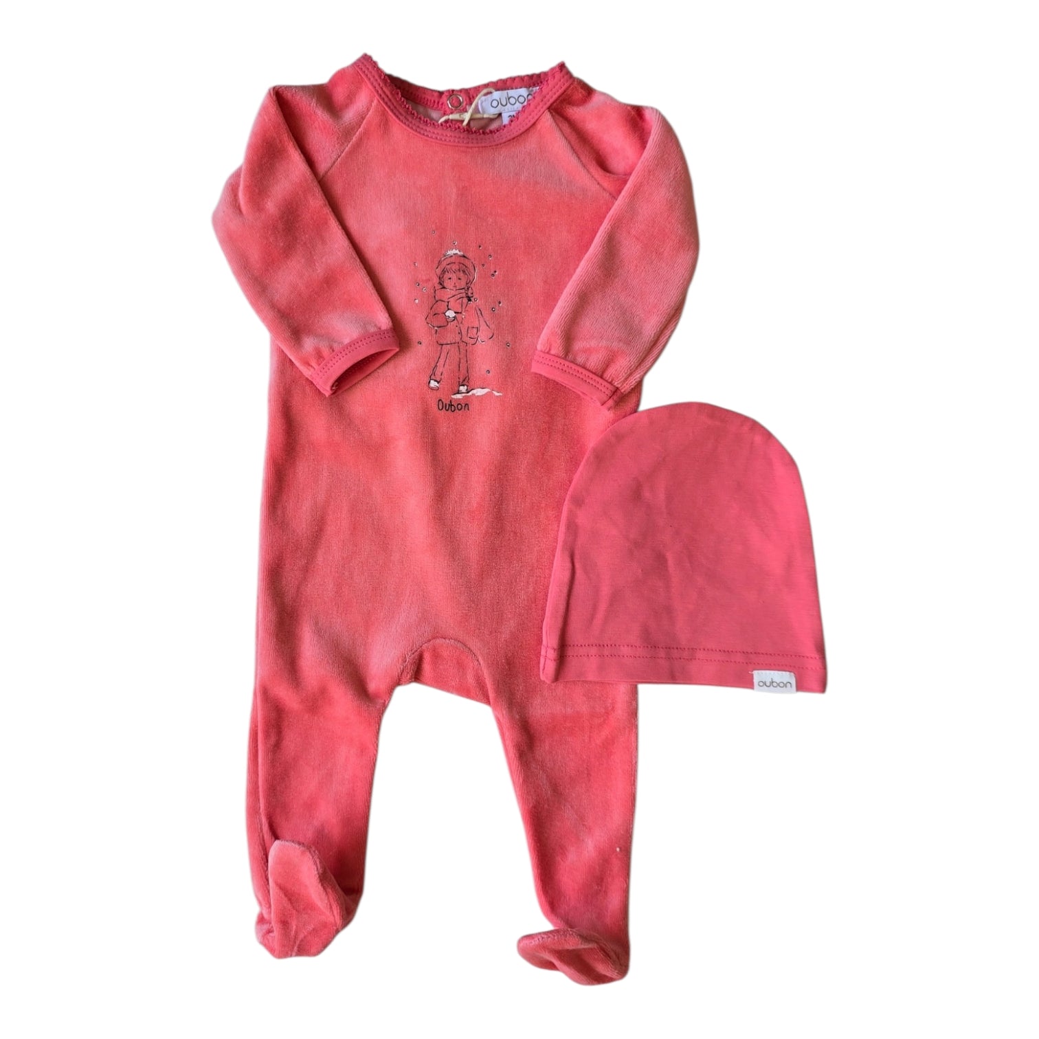 Oubon Pink Snow Print Velour Footie + Hat