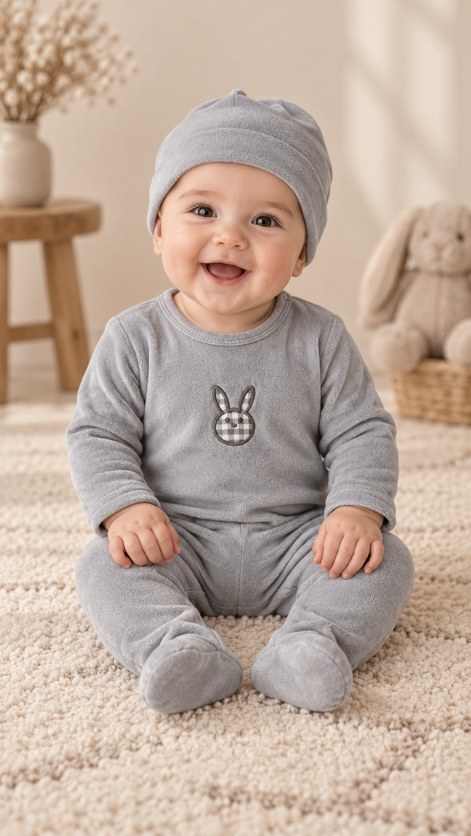 Lilette Pale Blue Velour Gingham Bunny Footie + Hat