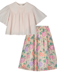 Tangerine Wide Sleeve Blouse With Voile Print Skirt