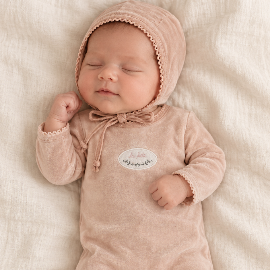 Lilette Dusty Pink Velour Patch Footie + Hat