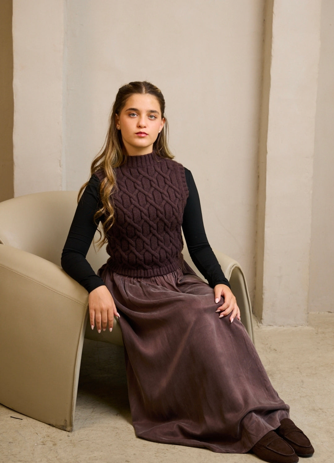 Hev And Bloom Solid Brown Knit Woven Jumper