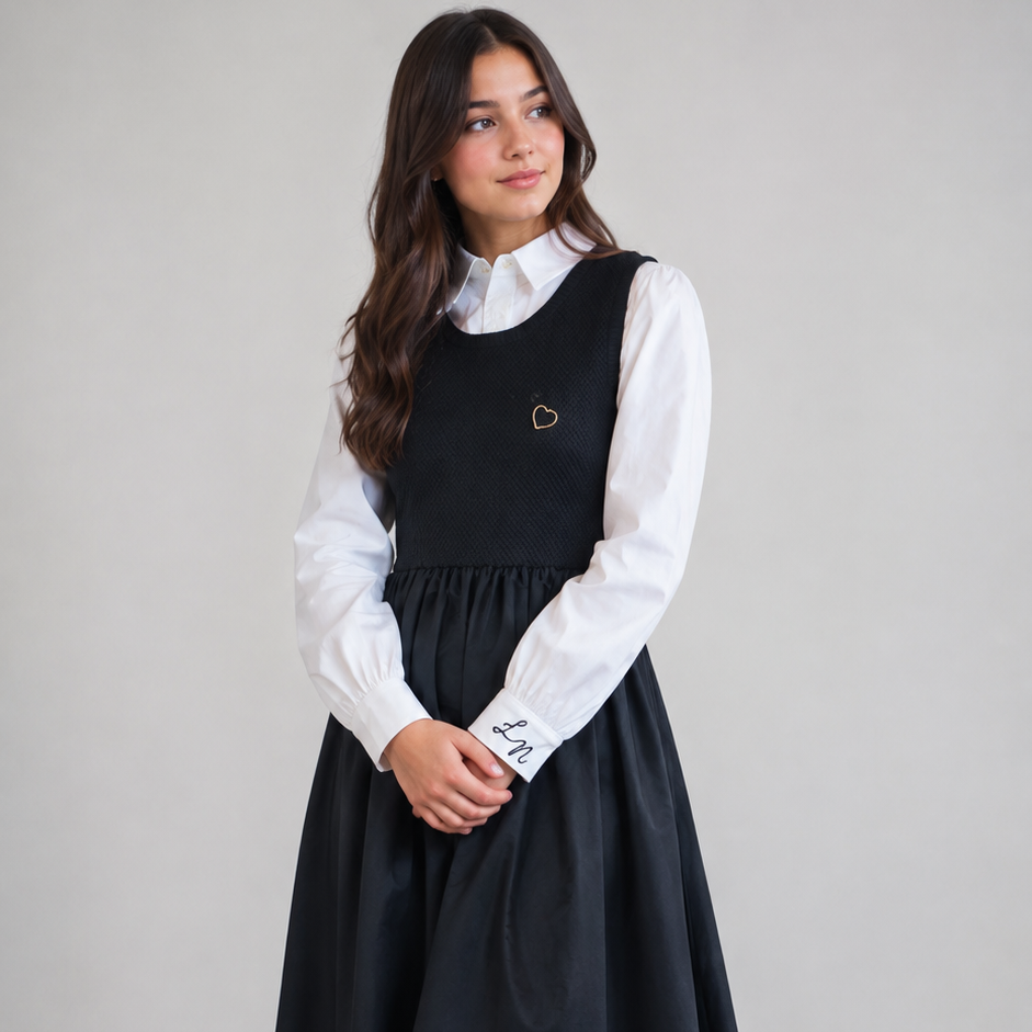 La Nina Tie Black Jumper &amp; Logo Pleat Shirt