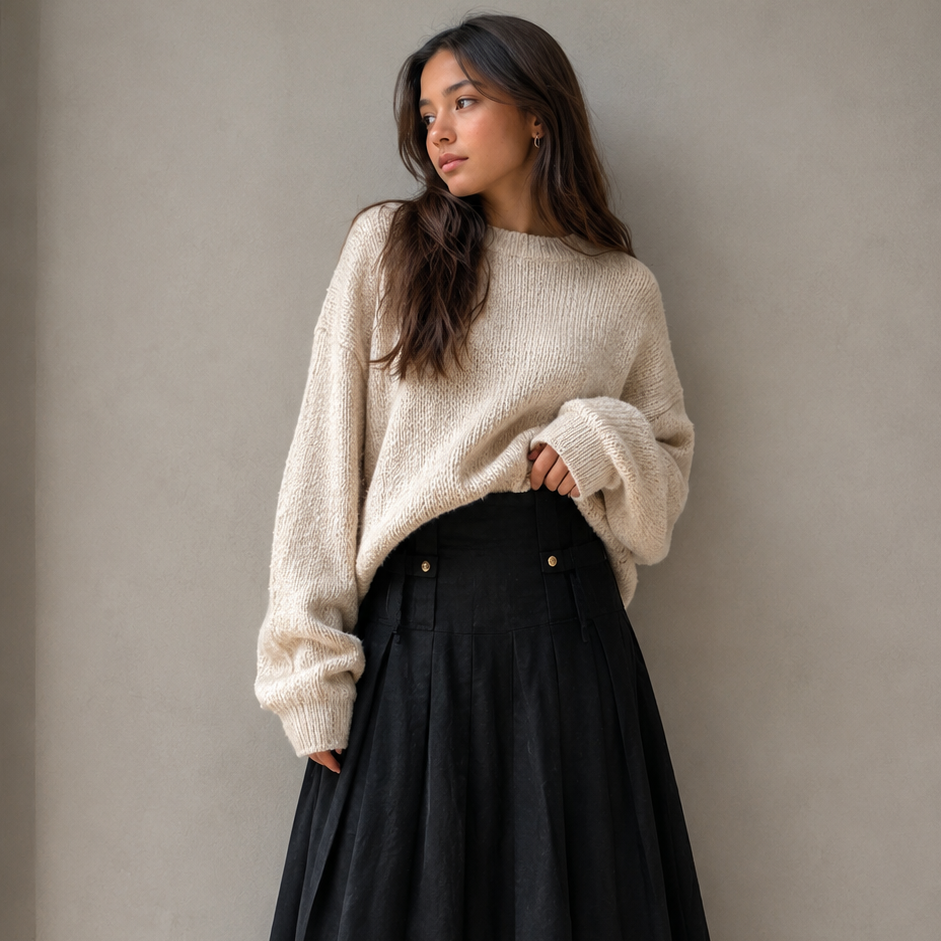 La Nina Black Wool Button Midi Skirt
