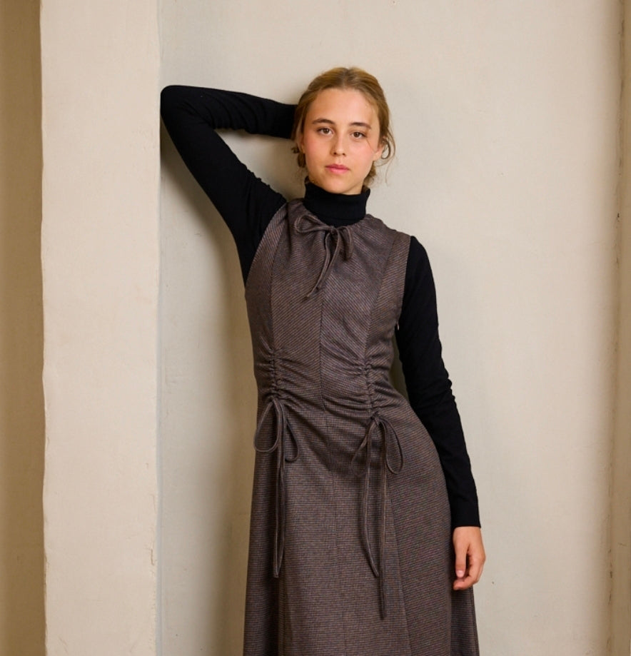 Hev And Bloom Brown Tweed String Gathers Dress