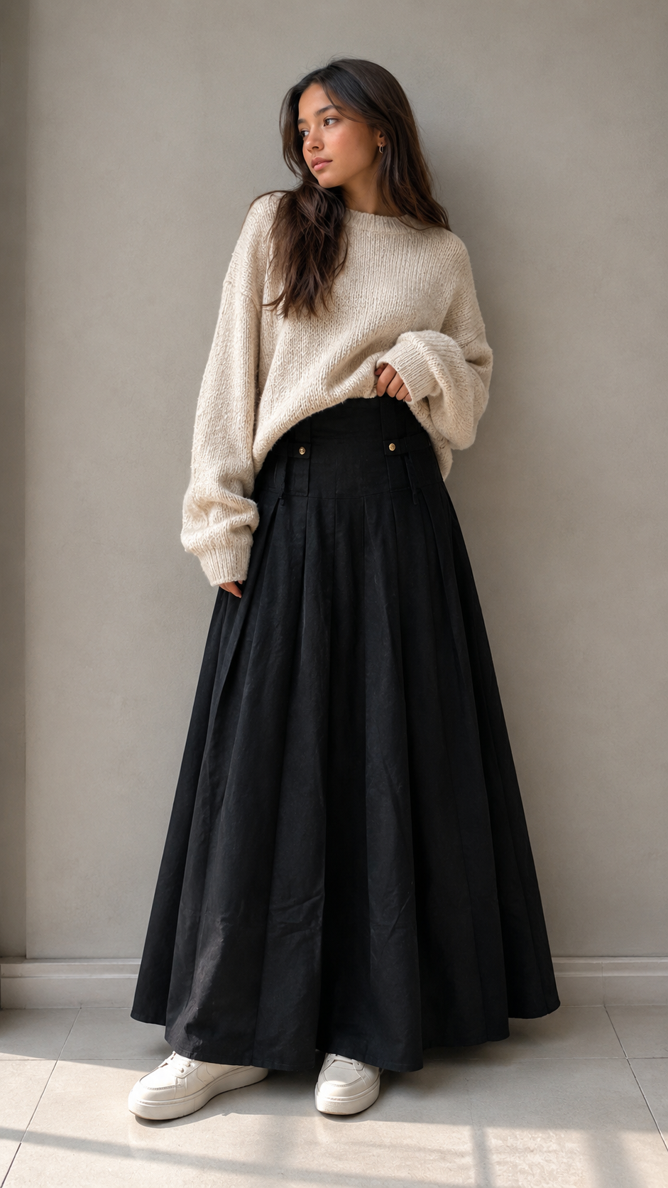 La Nina Black Wool Button Midi Skirt