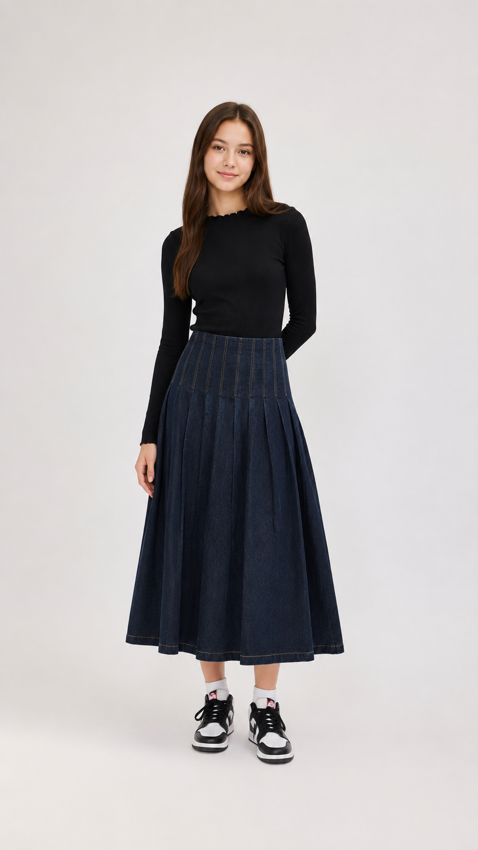 Hev And Bloom Black Denim Midi Knife Pleat Skirt