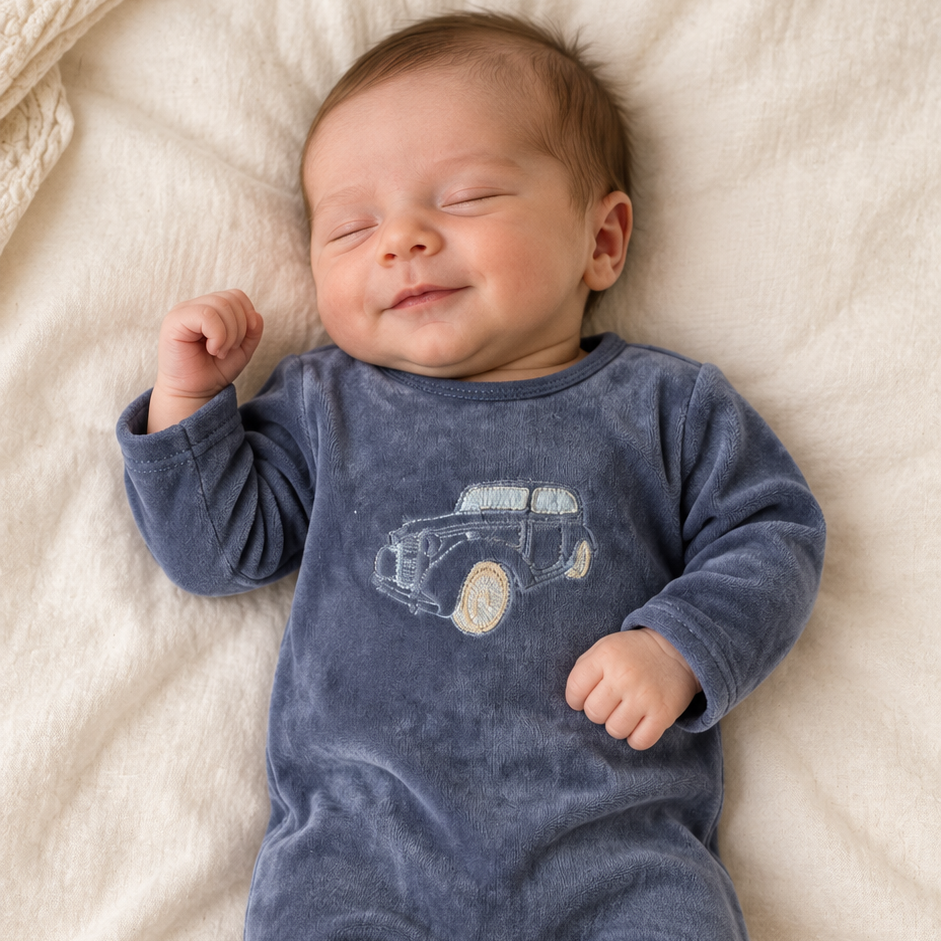 Lilette Off Navy Stitched Graphic Velour Footie + Hat