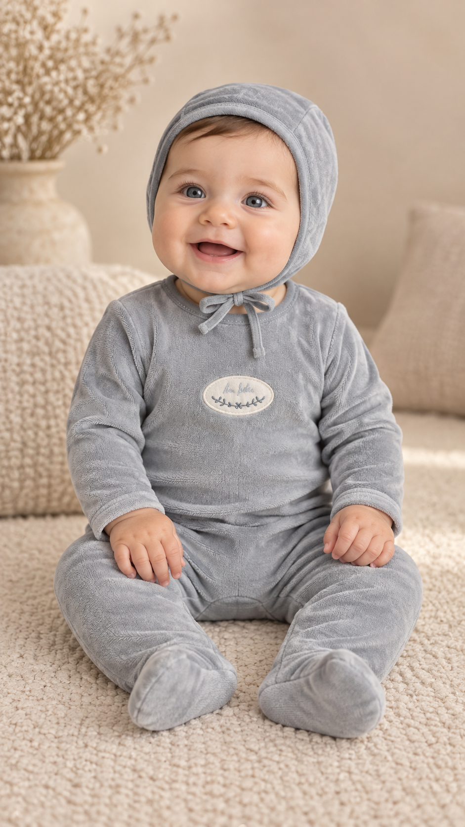Lilette Dusty Blue Velour Patch Footie + Hat
