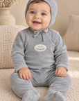 Lilette Dusty Blue Velour Patch Footie + Hat