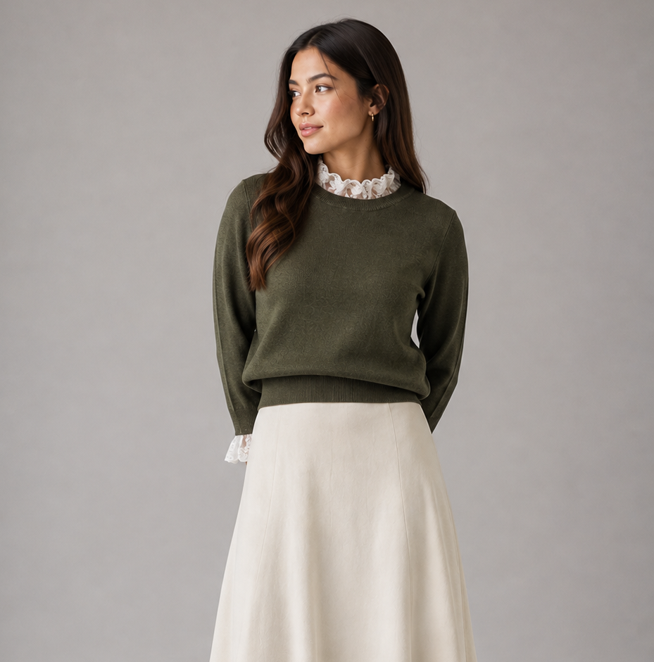 Hev And Bloom Olive Lace Neck Knit Top
