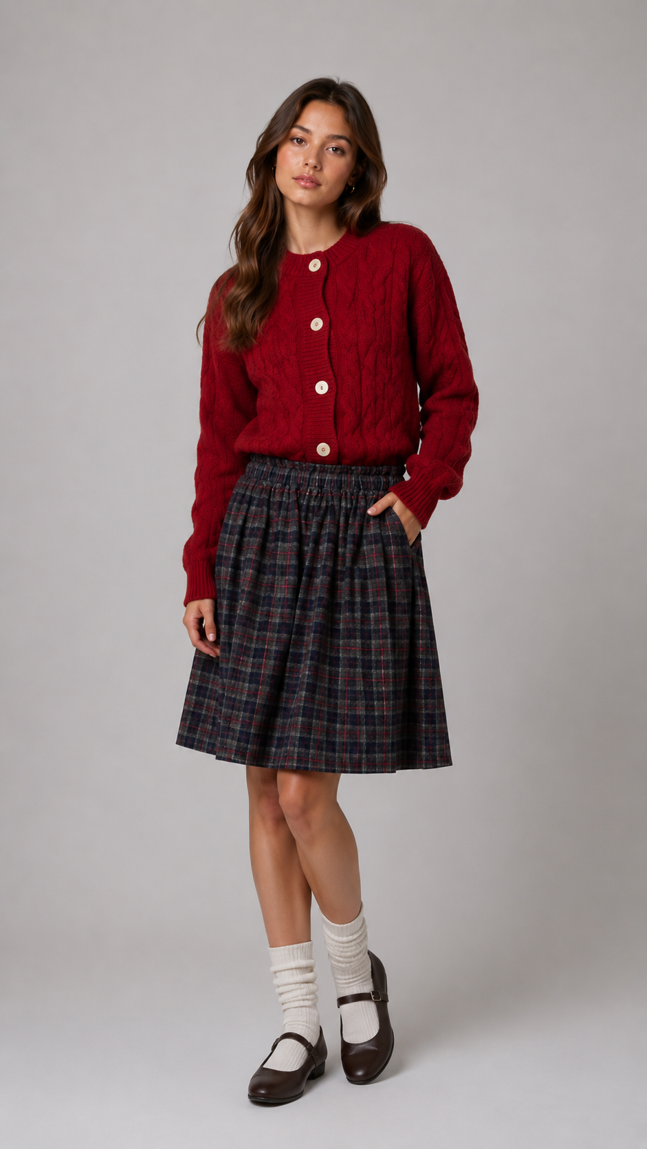 Tangerine Wool Checked Midi Skirt