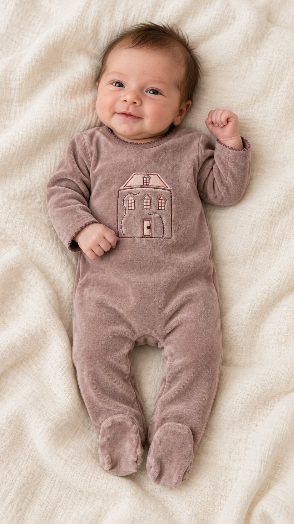 Lilette Mauve Stitched Graphic Velour Footie + Hat