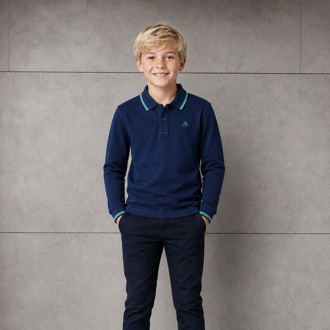 Scotch And Soda Green Contrast Tipping Pique Long Sleeve Polo