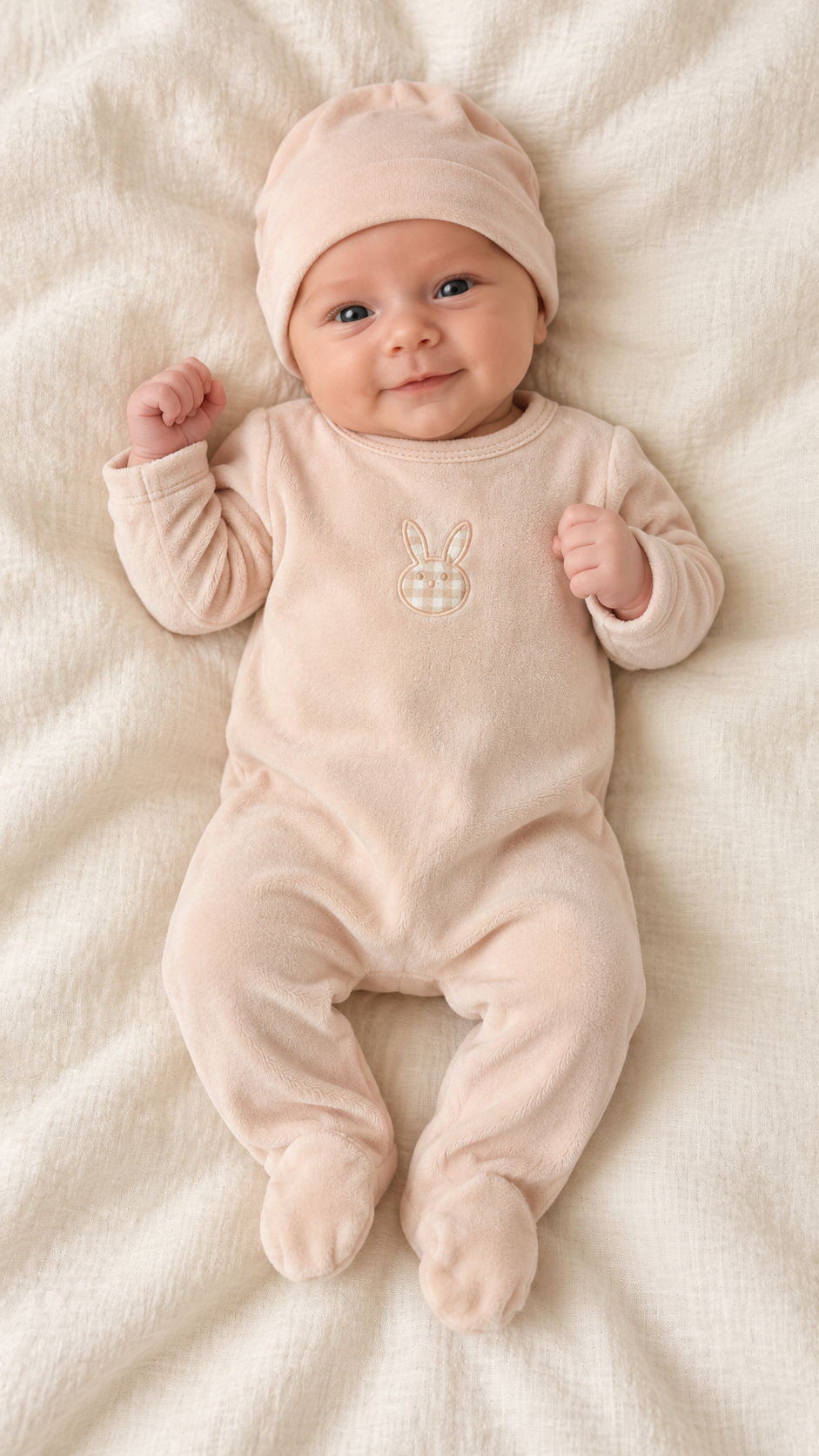 Lilette Pale Pink Velour Gingham Bunny Footie + Hat