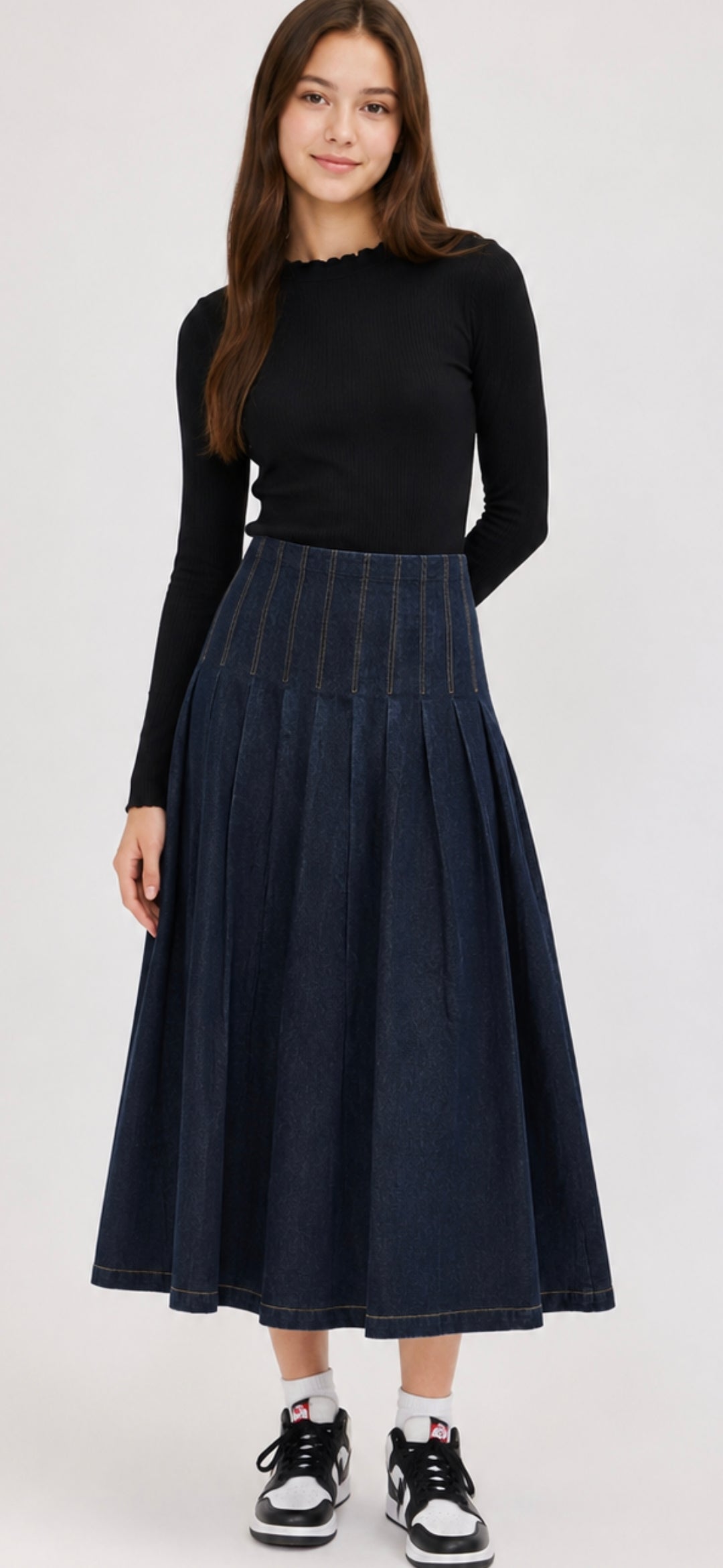 Hev And Bloom Black Denim Midi Knife Pleat Skirt