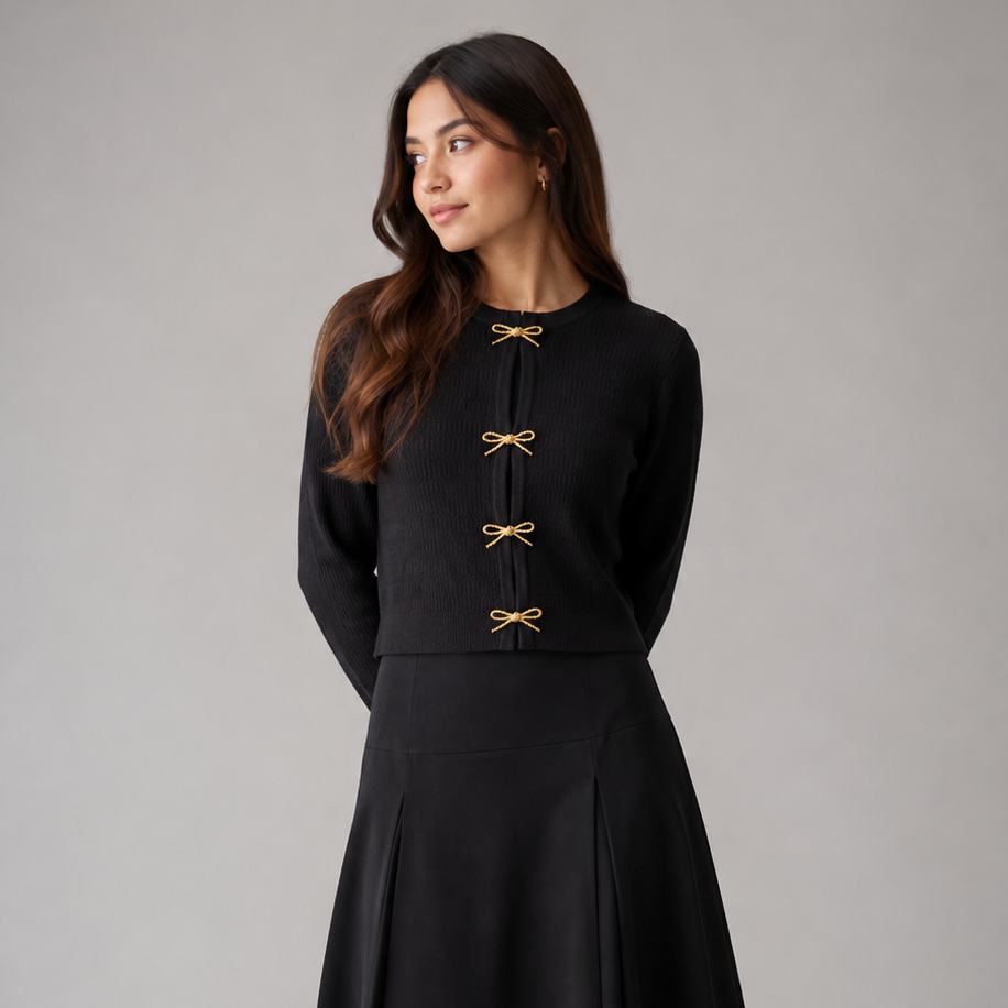Hev And Bloom Brown Knit Cardigan With Bow Buttons Detail