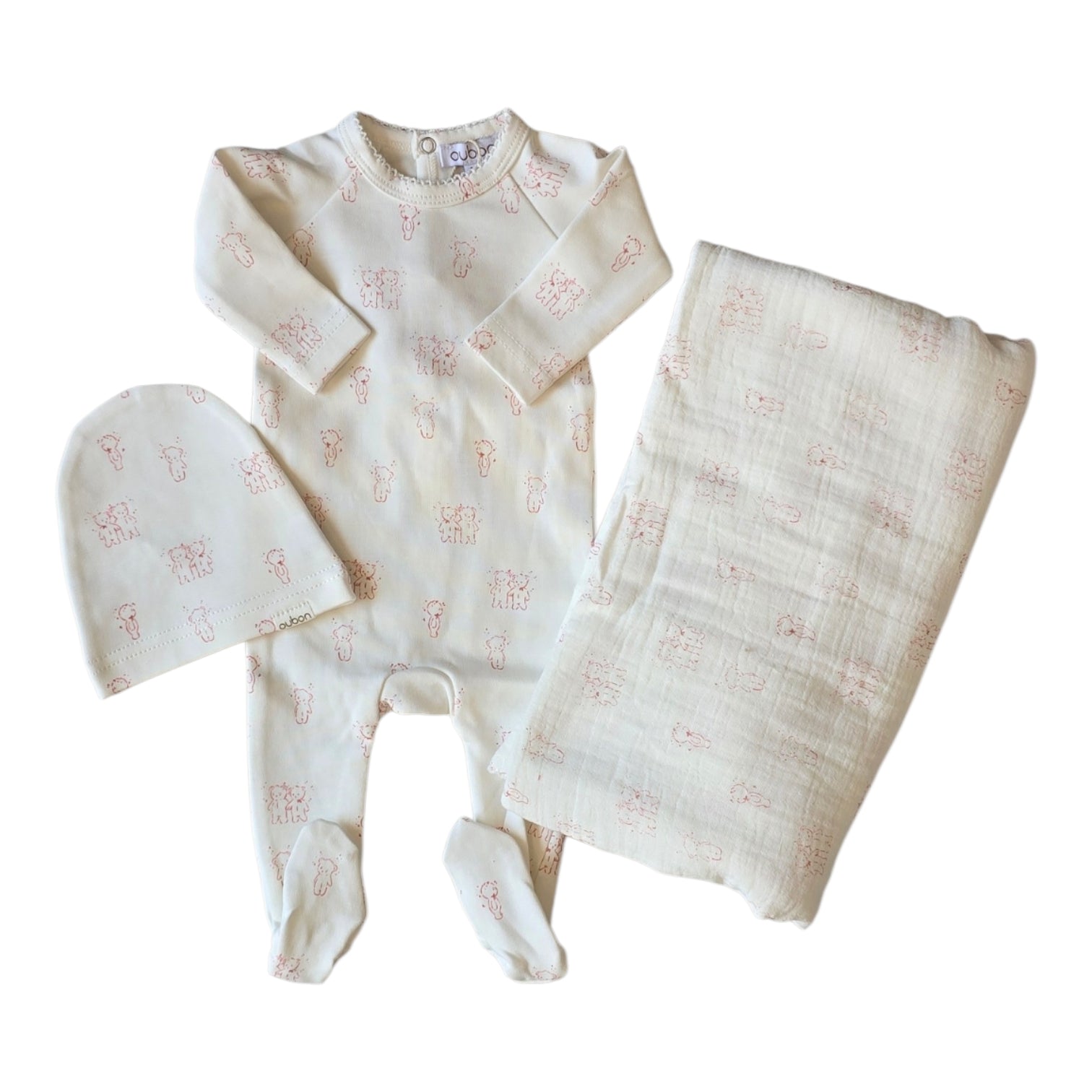 Oubon Pink Teddy All Over Footie Set