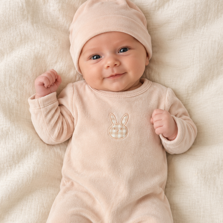 Lilette Pale Pink Velour Gingham Bunny Footie + Hat