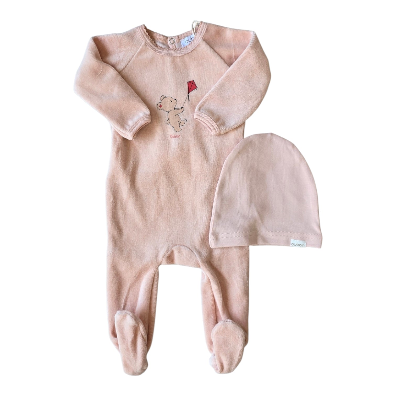 Oubon Pink Bear And Kyte Velour Footie + Hat